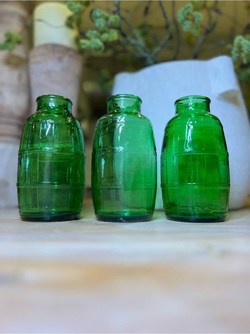Set 3 Vintage Mickey's Fine Malt Green Glass Barrel Bottles 1960 Patent Pending